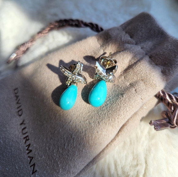 Vintage/Rare David Yurman Teardrop Turquoise & Diamond Stud Earrings SS & 18k ✨️ - Picture 3 of 9